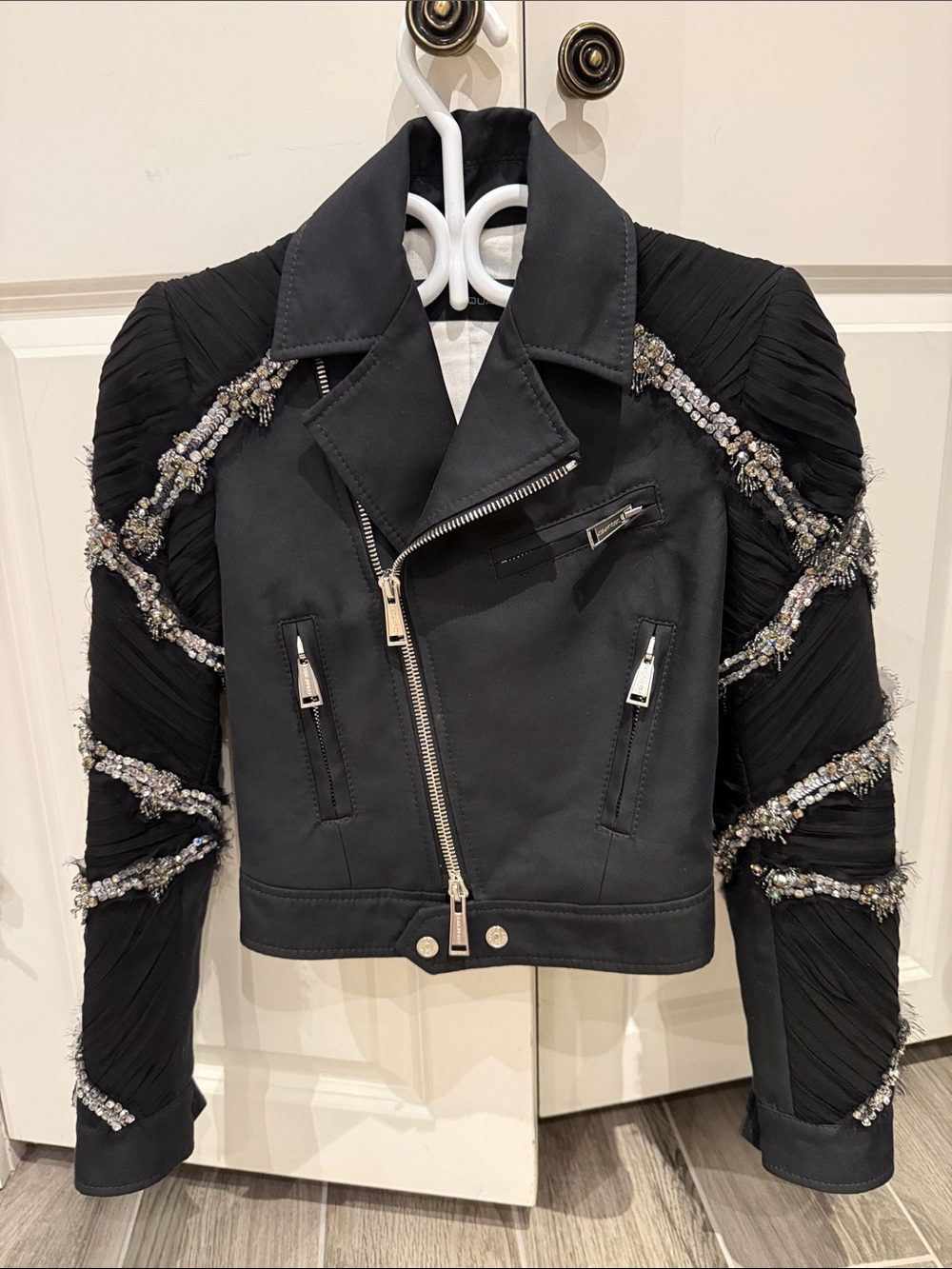 Squared Black Embellished Women's Moto Jacket